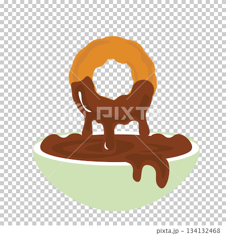 Illustration of a chocolate-dipped donut in a bowl 134132468