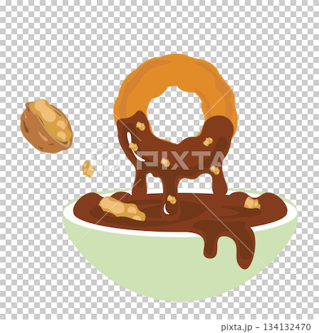 Illustration of a donut dipped in chocolate sauce with cracked walnuts 134132470