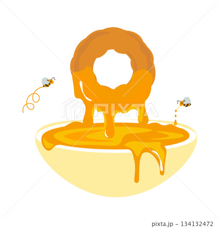 ミツバチと、蜂蜜ソースにたっぷりとつけたドーナツのイラスト ミツバチと、蜂蜜ソースにたっぷりとつけたドーナツのイラスト 134132472