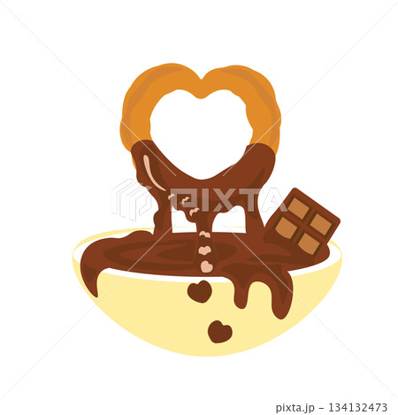 チョコレートソースを付けたハート型のドーナッツからハートが生まれるイラスト 134132473