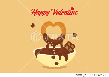 ハート型のドーナツにたっぷりのチョコをかけたデザインのバレンタイン背景 134132475