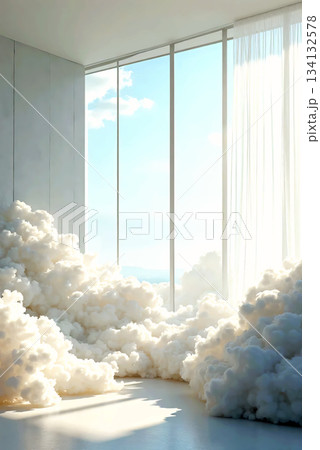 White fluffy clouds floating inside a minimal modern living room. 134132578