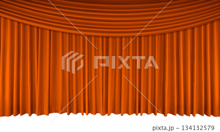 Orange stage curtain with long top edge, isolated on white background. 134132579