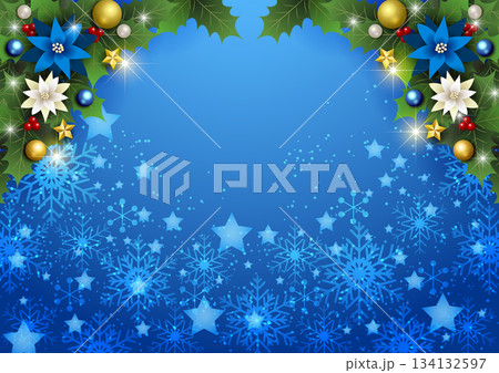 クリスマス背景、雪の結晶と星、青、キラキラ、かわいい、イラスト、横 134132597