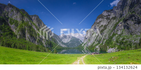 Mountain valley with tracks near Obersee lake in Berchtesgaden National Park Mountain valley with tracks near Obersee lake in Berchtesgaden National Park 134132624