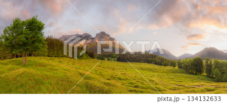 Meadow with road and bench during sunset in Berchtesgaden National Park 134132633