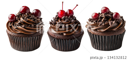 Chocolate cupcake topped with rich frosting, red cherries, and chocolate chips, isolated on white transparent background 134132812