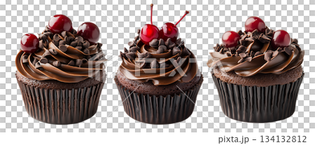 Chocolate cupcake topped with rich frosting, red cherries, and chocolate chips, isolated on white transparent background 134132812
