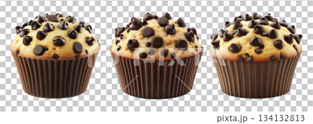 Chocolate chip muffin with golden top and dark wrapper, isolated on white background, concept of sweet food and dessert Chocolate chip muffin with golden top and dark wrapper, isolated on white background, concept of sweet food and dessert 134132813