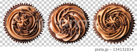 Chocolate cupcake topped with creamy swirled frosting and chocolate shavings, isolated on white background Chocolate cupcake topped with creamy swirled frosting and chocolate shavings, isolated on white background 134132814