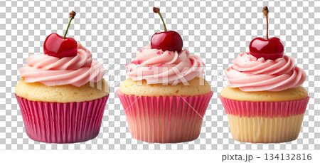Cupcake with pink swirl frosting and red cherry on top, isolated on white background, concept of dessert treat Cupcake with pink swirl frosting and red cherry on top, isolated on white background, concept of dessert treat 134132816