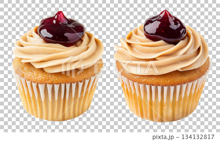Vanilla cupcake topped with creamy swirl frosting and berry jam, isolated on white transparent background 134132817