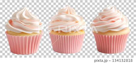 Vanilla cupcake with smooth pink whipped cream frosting in soft pink wrapper isolated on white transparent background 134132818