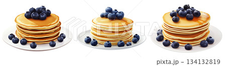 Fluffy pancake stack topped with fresh blueberries, isolated on white background. Concept of breakfast or brunch meal 134132819