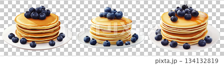 Fluffy pancake stack topped with fresh blueberries, isolated on white background. Concept of breakfast or brunch meal 134132819