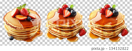 Stack of pancakes topped with syrup, raspberries, blueberries, and mint isolated on white transparent background 134132822