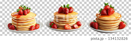Fluffy pancakes stacked with strawberries and maple syrup, isolated on white background, concept of breakfast treat Fluffy pancakes stacked with strawberries and maple syrup, isolated on white background, concept of breakfast treat 134132826