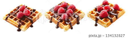 Waffle topped with fresh raspberries and drizzled chocolate syrup, isolated on white, concept of sweet dessert snack Waffle topped with fresh raspberries and drizzled chocolate syrup, isolated on white, concept of sweet dessert snack 134132827