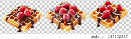 Waffle topped with fresh raspberries and drizzled chocolate syrup, isolated on white, concept of sweet dessert snack 134132827