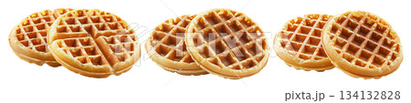 Close-up of two crispy golden waffles stacked together isolated on white background, concept of breakfast and sweet food Close-up of two crispy golden waffles stacked together isolated on white background, concept of breakfast and sweet food 134132828