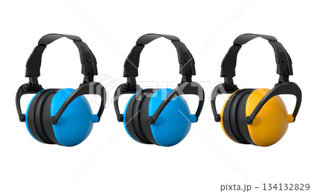 Set of colorful protective earmuffs isolated on a white background with clipping path, concept of hearing protection 134132829