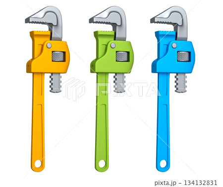 Set of colorful pipe wrenches with metallic jaws isolated on white background with clipping path, concept of construction tools 134132831