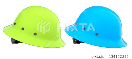 Set of construction safety helmets isolated on white transparent background, symbolizing safety and industry standards 134132832