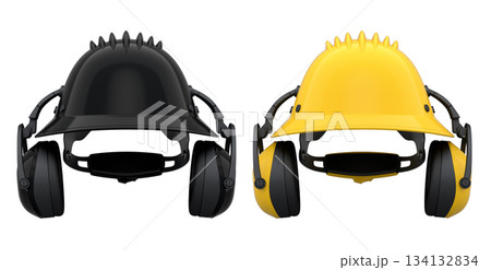 Protective helmets with attached earmuffs isolated on white background with clipping path, safety construction equipment Protective helmets with attached earmuffs isolated on white background with clipping path, safety construction equipment 134132834