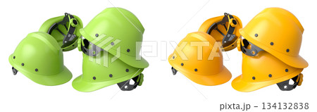Set of construction safety helmets isolated on white transparent background, symbolizing safety and industry standards 134132838