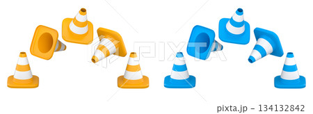 Traffic safety cones with white stripes, isolated on white background with clipping path. Concept of road safety equipment 134132842