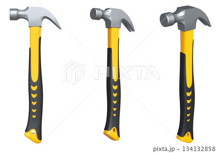 Set of claw hammers with yellow, green, and blue grips isolated on white background, concept of construction tools Set of claw hammers with yellow, green, and blue grips isolated on white background, concept of construction tools 134132858