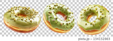 Delicious donut topped with green pistachio glaze and crushed nuts, isolated on white transparent background 134132863