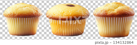 Golden brown vanilla muffin with fluffy texture in paper liner, isolated on white transparent background Golden brown vanilla muffin with fluffy texture in paper liner, isolated on white transparent background 134132864