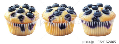 Freshly baked blueberry muffin with whole berries on top, isolated on white background. Concept of homemade dessert 134132865