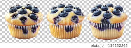 Freshly baked blueberry muffin with whole berries on top, isolated on white background. Concept of homemade dessert 134132865