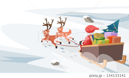 Santa Claus with pulls a large wooden sleigh filled with beautifully wrapped presents for children. Reindeer jingling their belted bells in the cold air gallop energetically across the icy landscape. 134133141