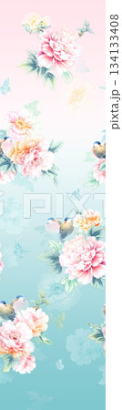 Assorted floral geometric and heart pattern panel designs in soft pastel colors 134133408