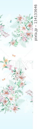 Assorted floral geometric and heart pattern panel designs in soft pastel colors 134133646