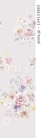 Assorted floral geometric and heart pattern panel designs in soft pastel colors 134133665