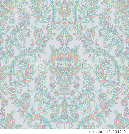 Assorted floral geometric and heart pattern panel designs in soft pastel colors 134133943
