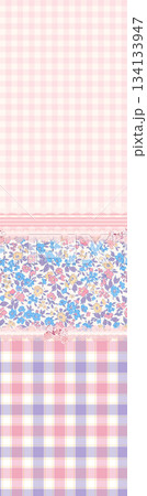 Assorted floral geometric and heart pattern panel designs in soft pastel colors 134133947