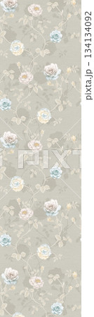 Assorted floral geometric and heart pattern panel designs in soft pastel colors 134134092