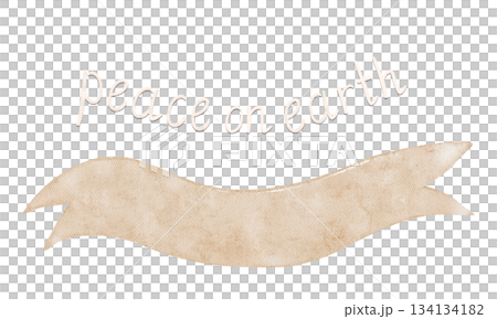 Ribbon with fabric texture and handwritten phrase Peace on earth. Watercolor set isolated on white. Perfect for Christmas cards, winter invitations, packaging, inspirational designs, holiday decor 134134182