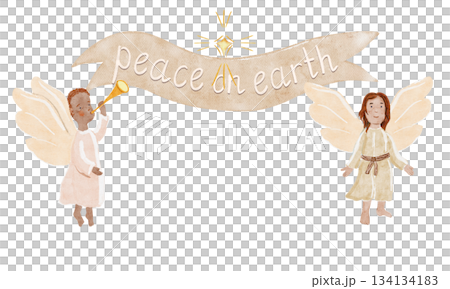 A pair of gentle watercolor angels with soft cloud-white ribbon with elegant Peace on earth lettering, with warm accents textures, perfect for Christmas cards, decor, inspirational holiday designs. 134134183