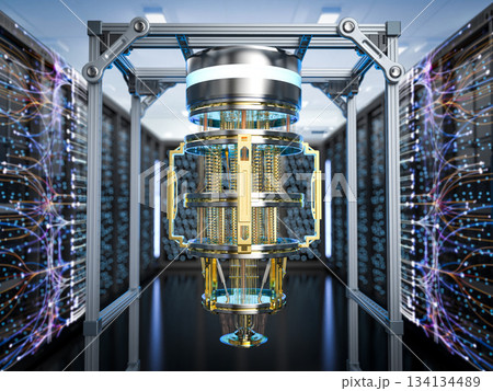 Quantum server network with quantum computer machine in server room Quantum server network with quantum computer machine in server room 134134489