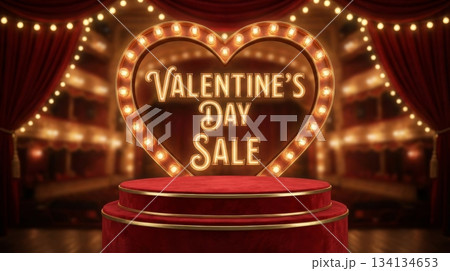 Valentine Sale Banner with Podium and Vintage Lights 134134653