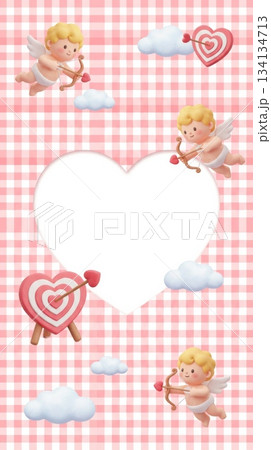 3D Valentine Gingham Background with Cupid, Heart Arrows, and Target 134134713