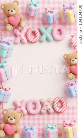3D Valentine Gingham Background with Gifts, Teddy Bear, and XOXO 3D Valentine Gingham Background with Gifts, Teddy Bear, and XOXO 134134730