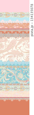 Assorted floral geometric and heart pattern panel designs in soft pastel colors 134135078