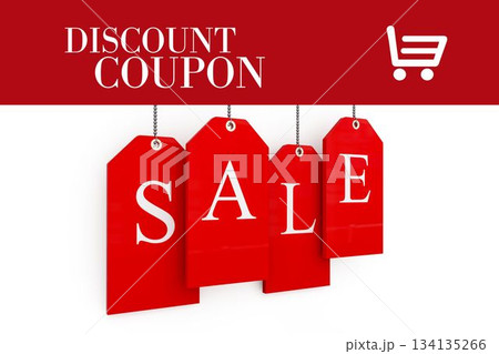 Four red price tags are hanging in flat style with coupon banner, cart icon, copy space 134135266